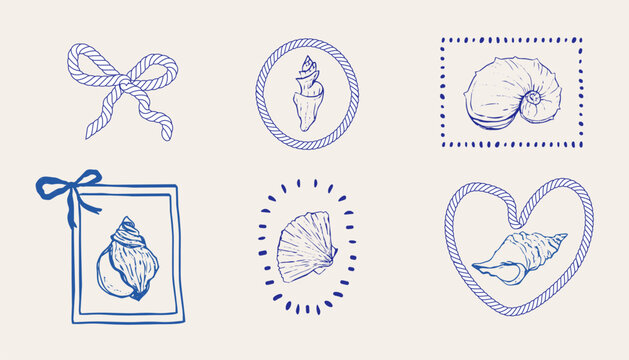 Coastal seashell retro blue stamp, marine nautical theme. Minimalist retro sea print designs sketch with outline seashells illustrations in whimsical frames