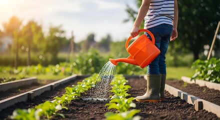 Fototapeta premium Child in striped shirt and rubber boots watering small green vegetable plants in a garden bed with an orange plastic can