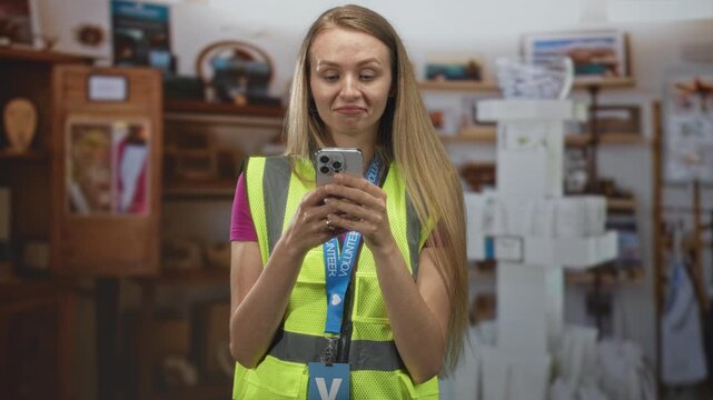 Woman volunteer in reflective vest holds smartphone with both hands, scrolling and frowning inside a charity shop building; service duty concentration.
