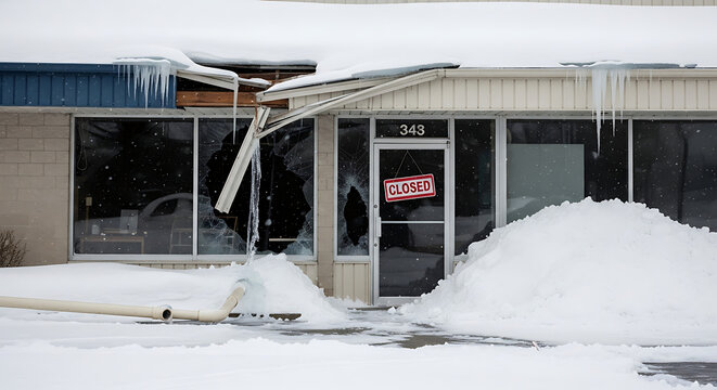 Frozen Commercial Property Facing Severe Winter Storm Impact with Heavy Snow Damage and Business Closure Illustrating Weather Disruption and Icy Conditions at an Office Entrance