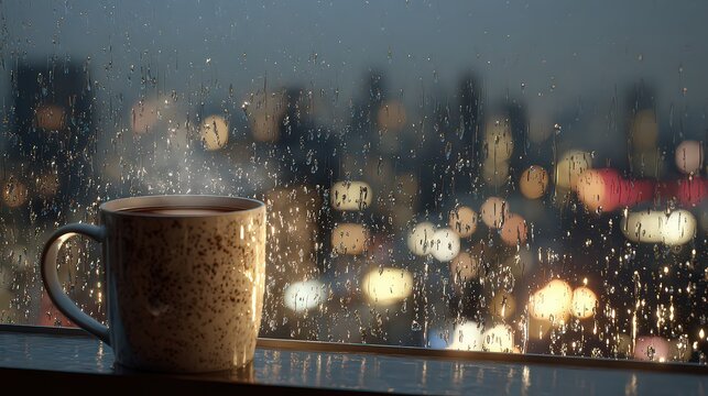 Steaming Coffee Cup on Rainy Window Sill with City Lights Bokeh Background Cozy Evening Atmosphere Soft Lighting