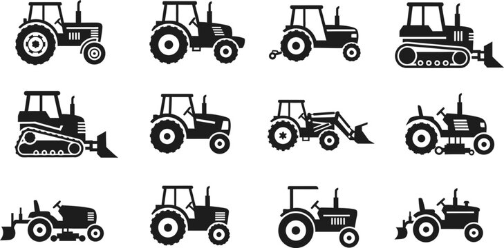Set of twelve stylized tractor and bulldozer icons in black with heavy equipment with tractor attachment