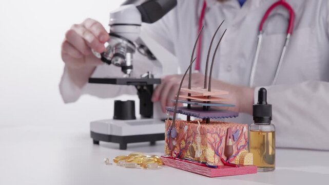Medical skin cross section model with hair follicles and microscope in laboratory for dermatology education, clinical trichologist.