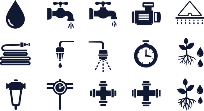 Water drop and irrigation system icons: faucets, hose, timer, plants, watering can, water supply, save water