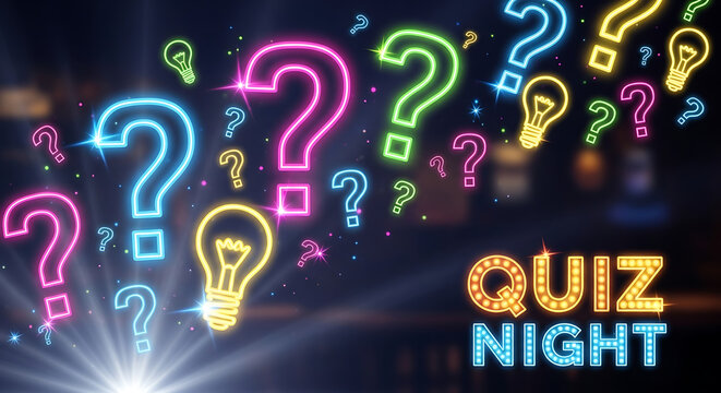 Vibrant trivia night quiz game background featuring glowing neon question marks and luminous idea bulb symbols creating an electric entertainment atmosphere for brain teasers and competition.