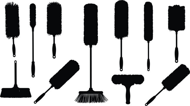 Cleaning tools silhouettes: dusters, brooms, and mops for household chores, cleaning supplies, black and white