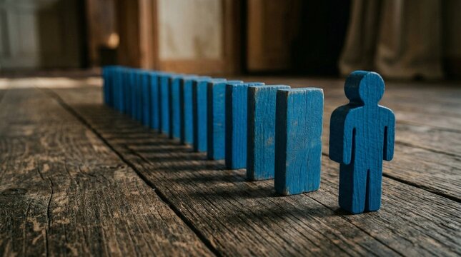 Domino Effect on Display: A miniature wooden figure observes a row of dominoes, capturing the concept of cause and effect, interconnectedness, and the ripple effect of actions. 