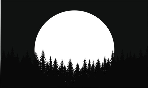 Dark forest silhouette with full moon background, night landscape featuring pine trees and dramatic contrast in minimal vector illustration style