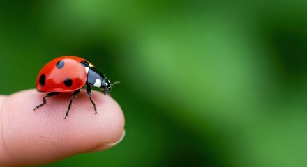 Fototapeta premium Close-up of ladybug on finger showcasing vibrant red and black pattern against green background. Ladybug represents nature's beauty and symbolizes good luck in various cultures.