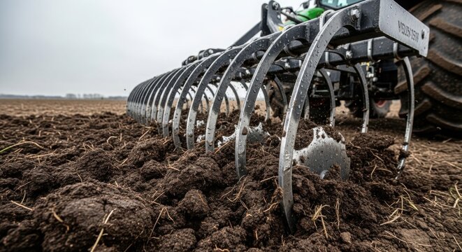 Agricultural tillage machinery preparing soil for planting crops, close-up view of cultivator claws on field. Agricultural equipment enhances soil quality for sustainable farming.
