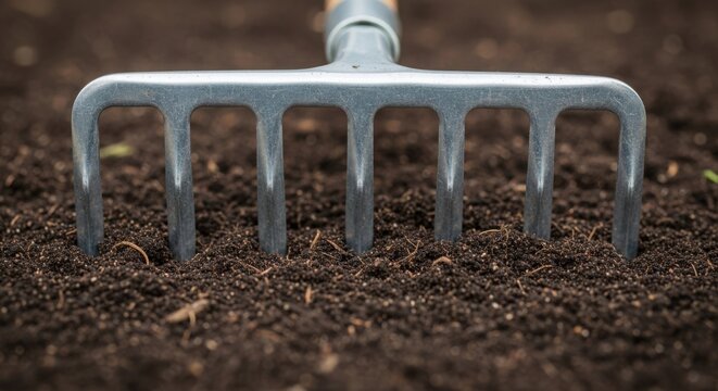 Garden rake on dark soil, tool resting on rich earth surface ready for planting. Garden rake features sturdy metal tines and comfortable handle for digging and turning soil.