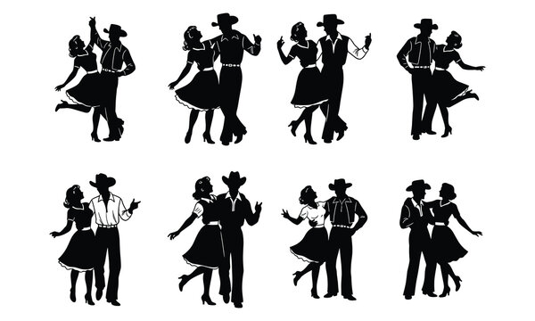 Vintage cowboy couple dancing silhouettes set, western country dance partners in various poses, retro black and white vector illustration collection