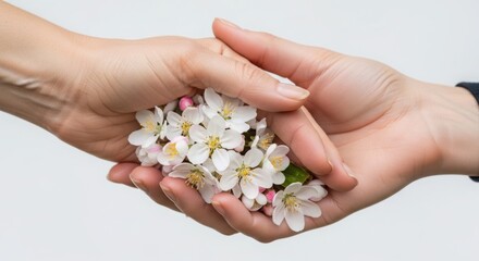 Fototapeta premium Hands holding delicate spring flowers with vibrant petals and green leaves. Spring flowers symbolize hope and renewal, creating a heartwarming connection for thoughtful gifts.