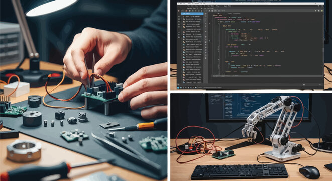 Technician repairing a computer with hands working on electronic equipment in a technology workspace