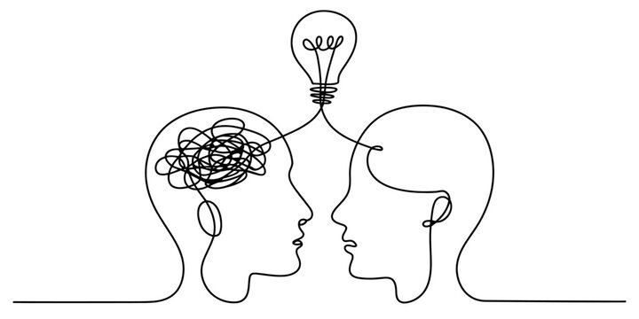 A single line drawing of two heads connecting a tangled brain to a glowing light bulb idea concept Vector, illustration