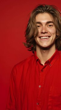 Fashion editorial Concept. Young chiseled handsome man in red shirt and background, with wavy brown hair, looking smiling at camera posing. clip mov motion