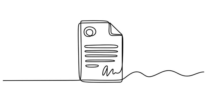A single continuous line drawing of a formal document with a signature and a seal on white background Vector, illustration