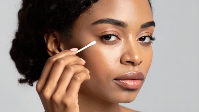 Young African American woman using cotton swab for eye care or makeup
