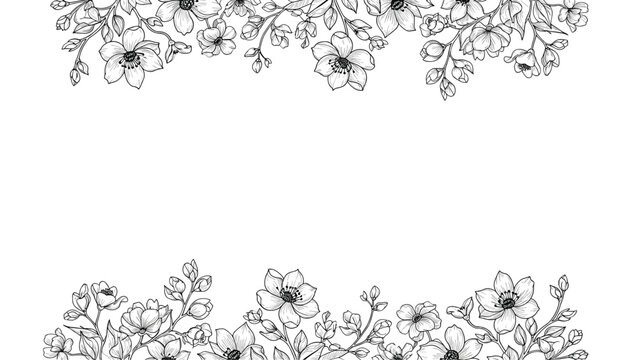 Ornate floral borders at the top and bottom of the frame featuring hand drawn black and white line art of diverse flowers and leaves for classic designs.