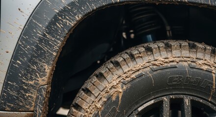 Fototapeta premium Muddy tire of all-terrain vehicle shows ruggedness and durability against challenging conditions. Tire features deep treads suitable for off-road adventures in different environments.