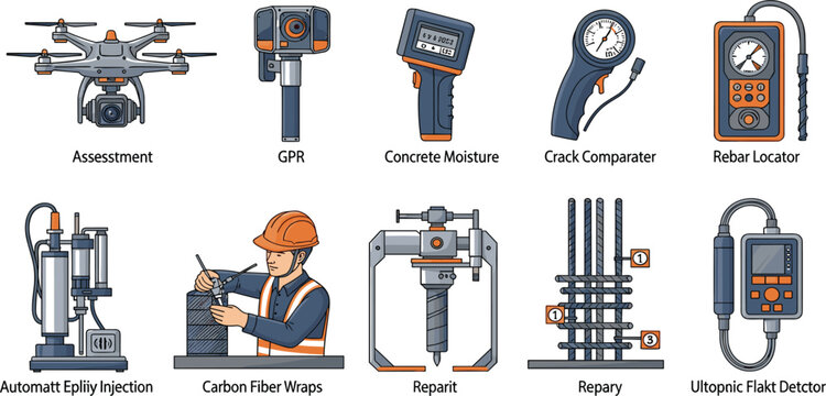 Construction Inspection and Structural Testing Tools Illustration Featuring Drone Assessment, GPR Scanner, Moisture Meter, Crack Gauge, Rebar Locator, and Repair Equipment