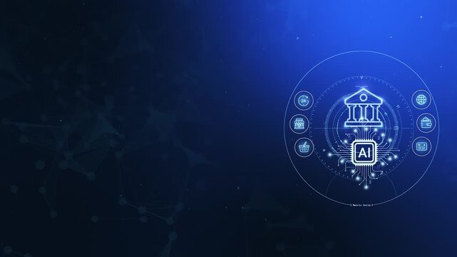 4K Fintech Blue AI Banking HUD Background. Circular Agentic Interface with Bank Icon and Autonomous Finance Nodes.
