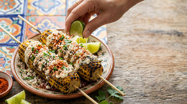 Grilled Mexican Elotes with Mayo Cotija Cheese Chili Powder and Lime