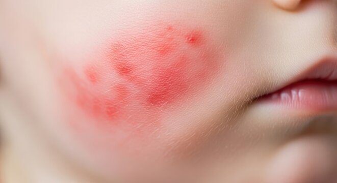 Child's face with red skin rash and irritation on cheek, highlighting sensitive skin and common pediatric issues. Child experiences visible discomfort from skin condition,