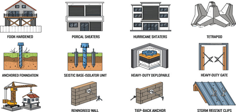 Disaster Resistant Construction Techniques Illustration Featuring Seismic Base Isolators, Anchored Foundations, Reinforced Walls, Storm Clips, and Hurricane Protection Systems