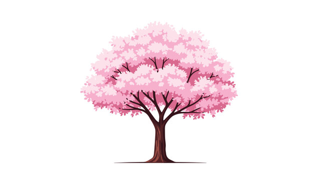 Beautiful pink cherry blossom tree in full bloom on a white background symbolizing spring beauty and the ephemeral nature of life in a flat art style.