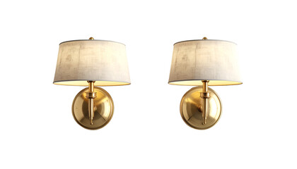Fototapeta premium Two wall-mounted sconces with brass bases and off-white shades illuminated against black