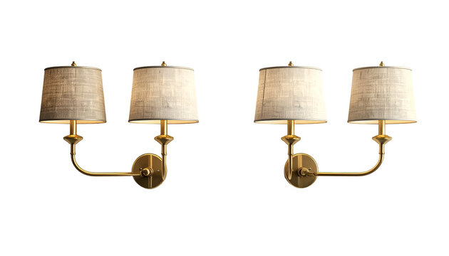 Four sconce lamps with tan shades on curved brass arms, arranged in two pairs