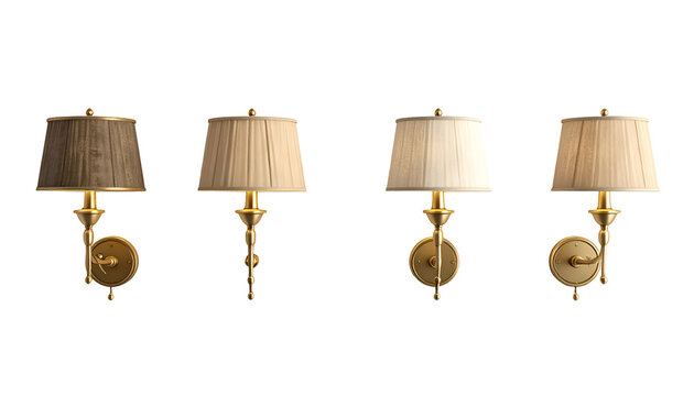 Four elegant wall sconces with varying shade colors and ornate, brass-toned bases