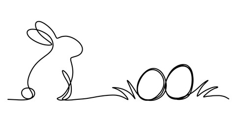 illustration: hand drawn single line art of an easter bunny with easter eggs in grass isolated on white or transparent png