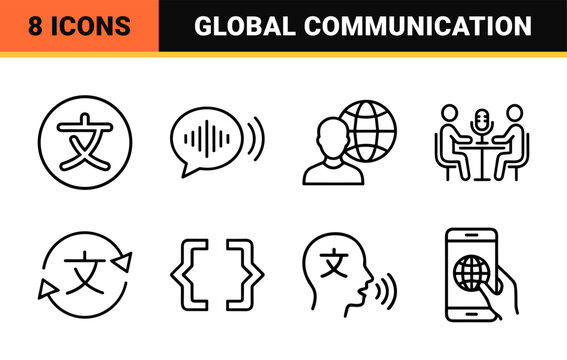 Global Language and Translation Services Minimalist Monoline Icon Set featuring Geometric Line Art for Linguistics and Polyglot Apps.