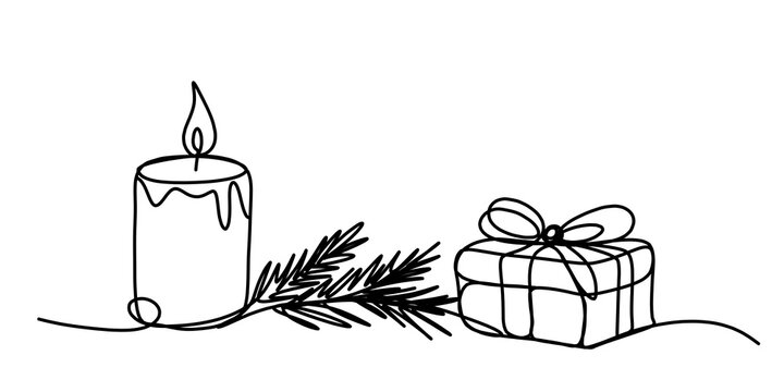 illustration: doodle single line art drawing of a wax christmas candle with fir tree branch and christmas gift present isolated on white or transparent png