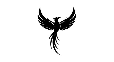 Obraz premium Striking black phoenix silhouette logo, a powerful symbol of rebirth and enduring strength. Graphic emblem represents resilience, transformation, and triumphant ascension