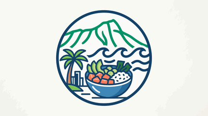 Fototapeta premium Hawaiian Poke Bowl Logo Design with Scenic Background