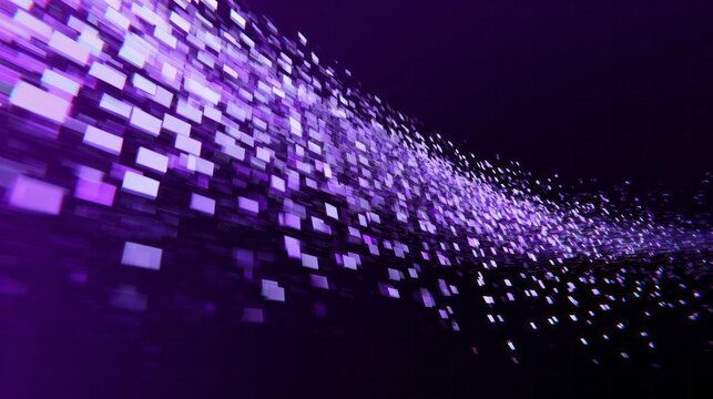 Flowing wave of purple digital particles on dark background.