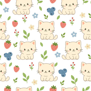 Cute seamless pattern of nice cat with different flowers, leaves and berries
