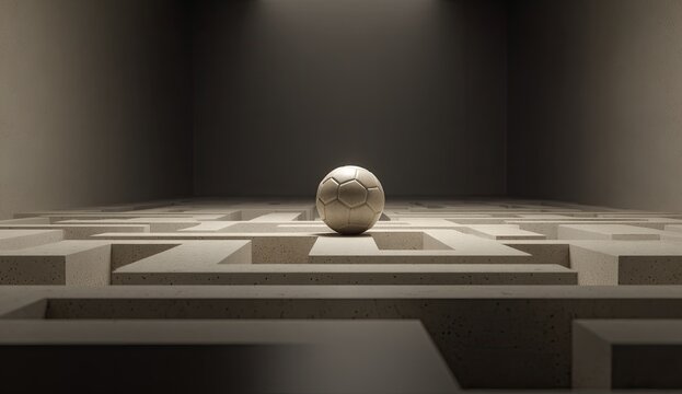 A solitary ball rests in the center of a stark, angular maze under dramatic lighting