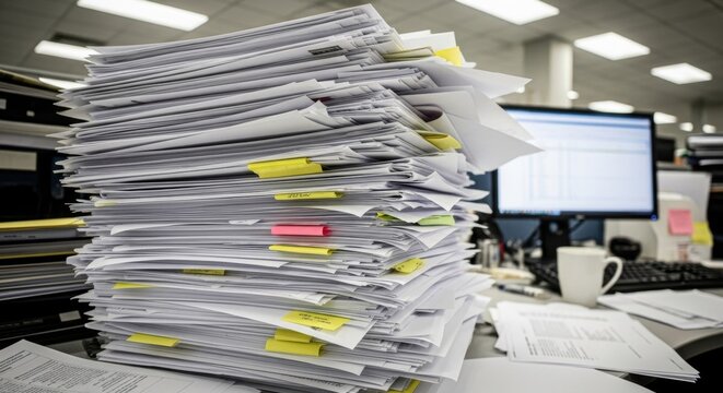 Large stack of paper documents and files on office desk. Business paperwork for accounting and project management. Overloaded administrative workload and corporate bureaucracy concept.