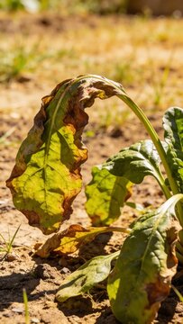 Vertical banner, wallpaper for social media of Common spinach plant wilting in heat, dry leaves, hot sunny garden, photorealistic, organic herb
