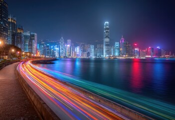 Fototapeta premium Streaking lights of a vibrant city coastline at dusk, reflecting on water