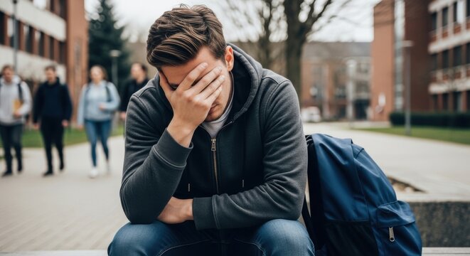 Sad student sitting on campus with head in hand. Stressed young man feeling overwhelmed by education problems and academic failure. Mental pressure and burnout in university environment.