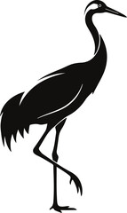 Obraz premium Black silhouette of a crane standing on one leg isolated on white background