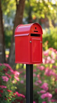 Red mailbox on a post in a garden with flowers