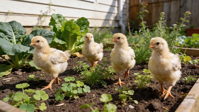 Ultra realistic cinematic photograph of four small chickens freely walking in a home garden, natural scale chickens, healthy feathers, calm behavior, edible plants for chickens growing around