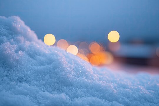 Close-up of soft snow crystals with blurred background lights at dusk