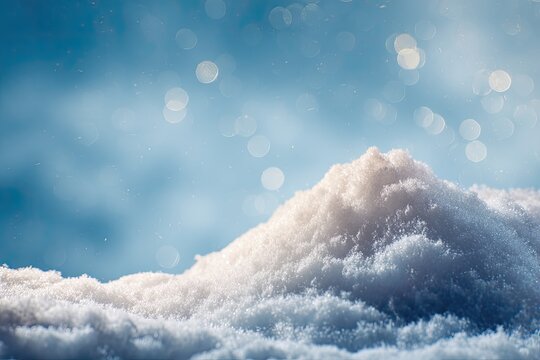 Close-up view of a snowdrift against a soft, blurred blue sky